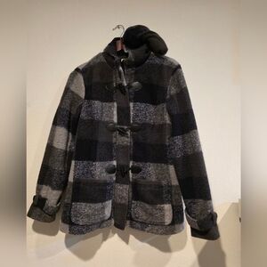 Market & Spruce Hooded Duffle Jacket Sz Large Toggle Close Check Pattern